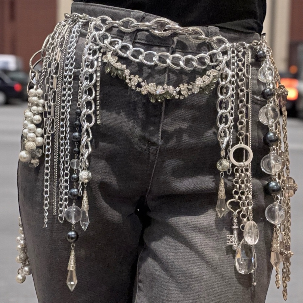 Handmade Silver Chain Belt with Rhinestones, Pearls & Clear Beads